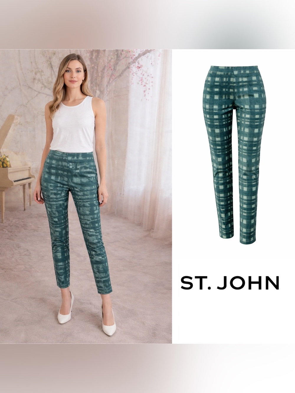 St John Green Windowpane Print Trouser